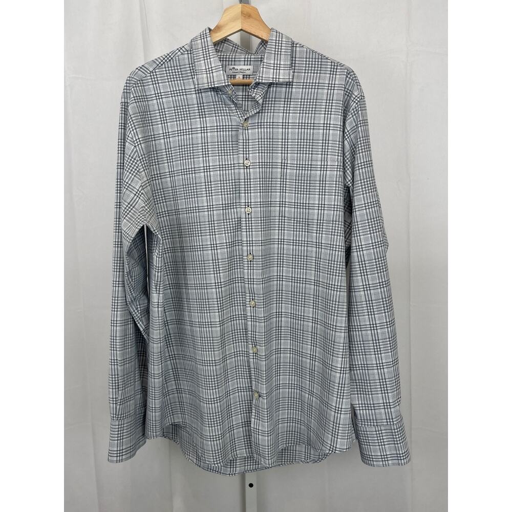 PETER MILLAR Summer Comfort Button Front Shirt Long Sleeve Plaid Blue White L